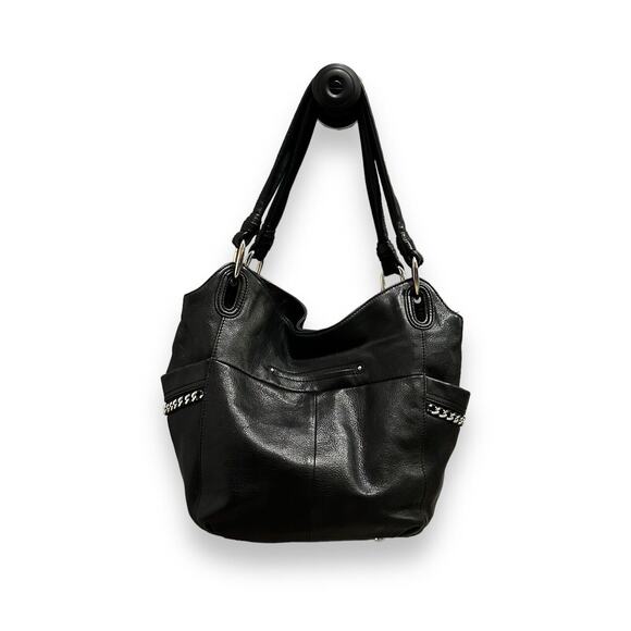 B. Makowsky Leather Hobo Black Alice Satchel with Metal Chains - Picture 2 of 6